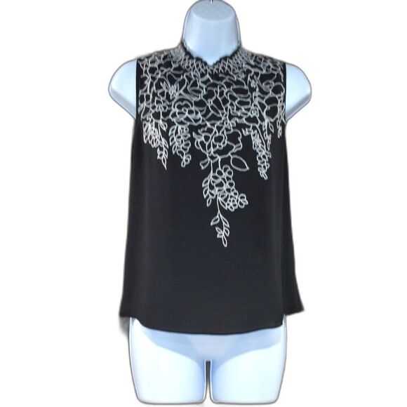White House Black Market Tops - Womens Black White Sleeveless Blouse XS Small Embroidered Floral High Neck Shirt